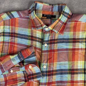 Cremieux Shirt Mens XL Multicolor Plaid Linen Button Down Long Sleeve Casual